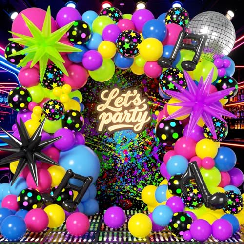 PTGOLUO 212Pcs Neon Balloons Arch Garland Kit with Glow in the Dark Balloons Neon Party Decorations for Rock Roll Party Back to 80s 90s Disco Birthday Party Fiesta Lets Glow Party Decorations