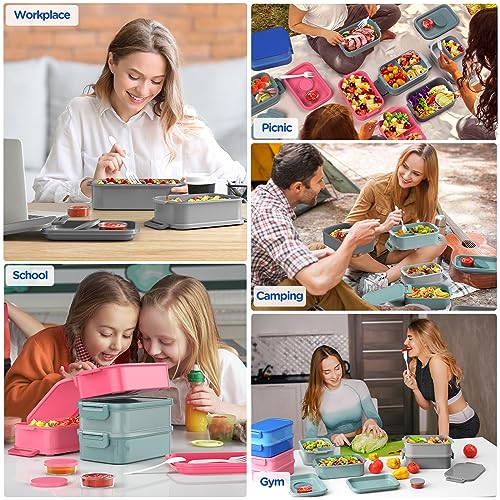 Image of DaCool Bento Box Adults Lunch Container - 74 OZ Stackable Leakproof Bento Lunch Box for Adults Men Boys Teens Large Lunch Box Containers with Fork Spoon Sauce Boxes for Work School Dining Out, Blue