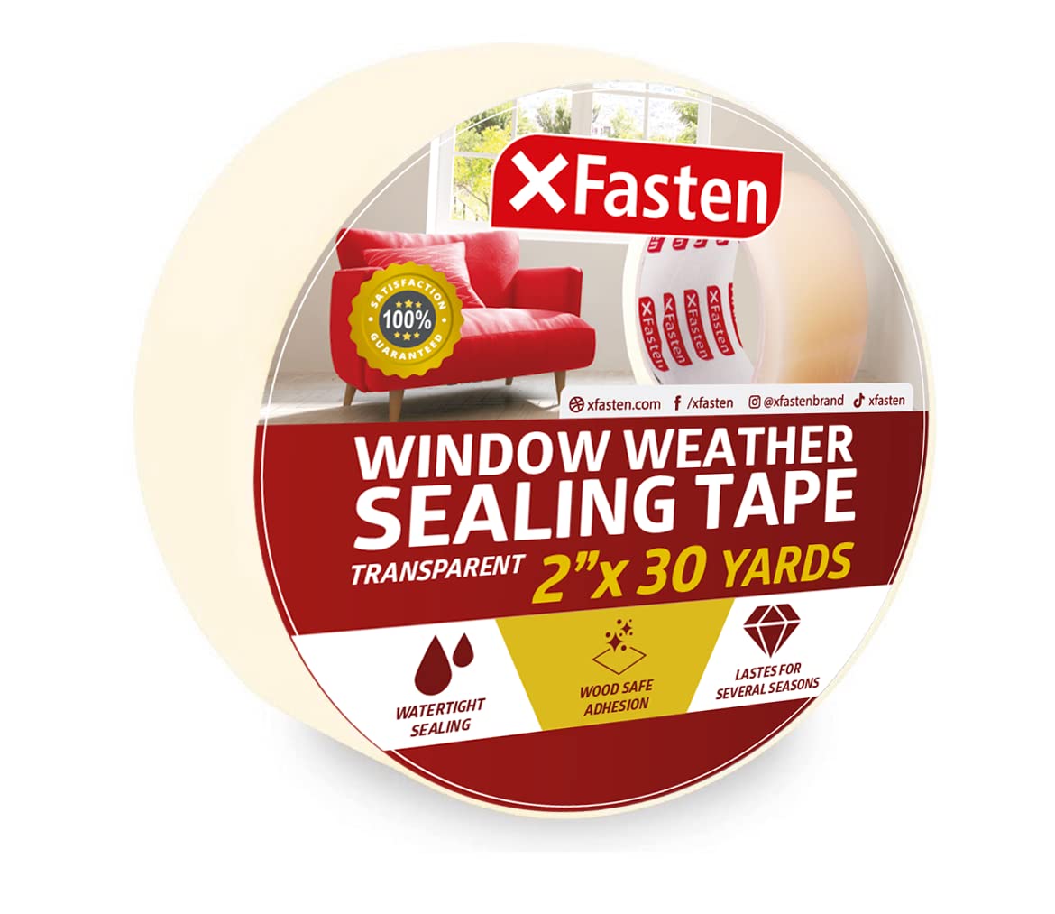 XFasten Transparent Window Weather Sealing Tape, 2-Inch x 30 Yards, Clear Window Draft Isolation Sealing Film Tape, No Residue