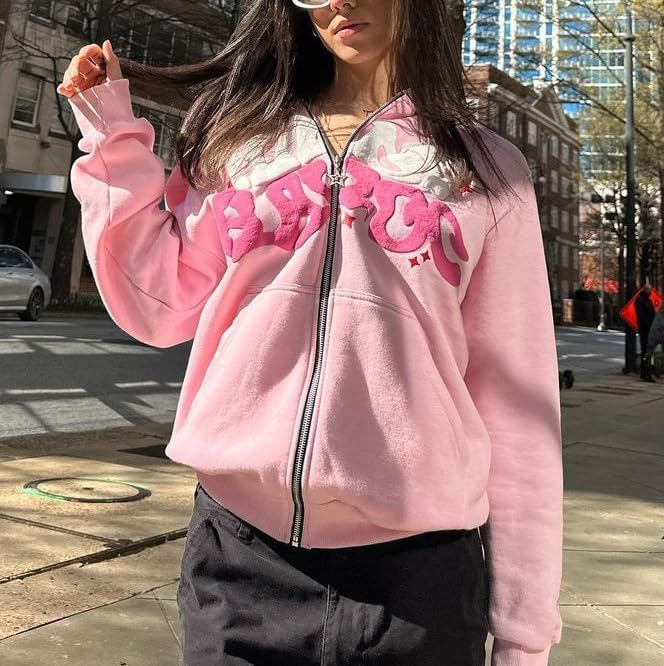 Y2k Hoodies Puff Print Hoodie Grunge Graphic Zip Up Hoodies Y2k Jacket Hip Hop Streetwear Aesthetic Sweatshirts - Image 4