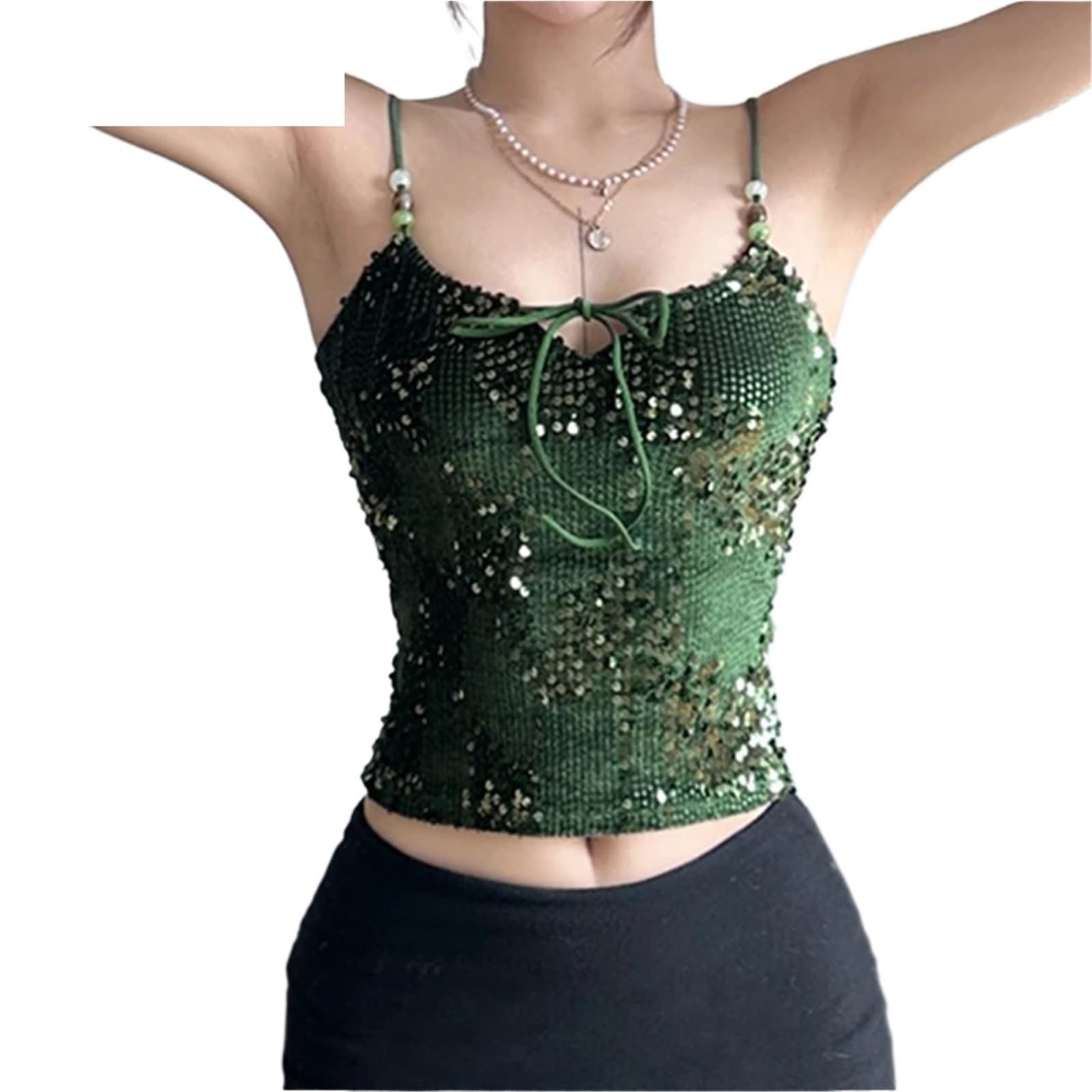 Top con Paillettes Top Corto Attillato Senza Maniche con Lacci e Paillettes for Feste estive da Donna, Stile retrò, Verde