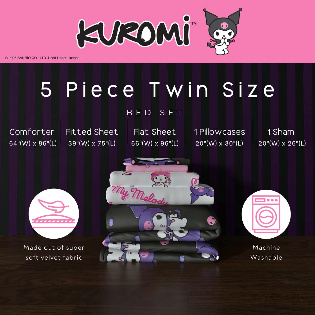 Franco Sanrio Kuromi & My Melody Bedding - Set di biancheria da letto, 5 pezzi, super morbido, accogliente, reversibile, con copripiumino e lenzuola, con federe, per letto matrimoniale (prodotto con