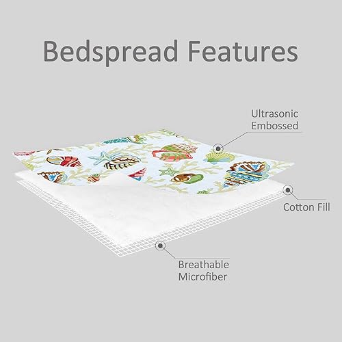 Miniatura 5 de Jarson Juego de edredón costero ligero para el hogar, colcha de verano tamaño King, juego de colcha reversible de 3 piezas de conchas de playa,