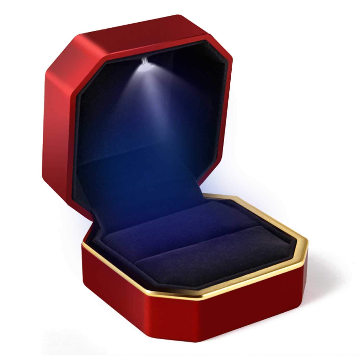 AVESONAVESON Luxury Ring Box, Square Velvet Wedding Ring Case Jewelry Gift Box with LED Light for Proposal Engagement Wedding, Red