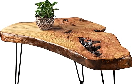 Hurrikom - Mesa de café de madera natural, mesa de cóctel contemporánea, mesas de té de madera para sala de estar con patas de horquilla de metal,