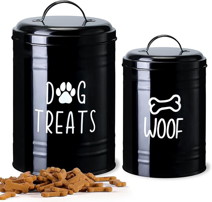 Dog Treat Container Airtight, Dog Treat Jar Set of 2 with Lid - 9x5.5''&7x4'' Metal Dog Cookie Jar for Farmhouse Kitchen Counter, Black Pet Treat Container, Dog Treat Storage Container for Dogs, Cats