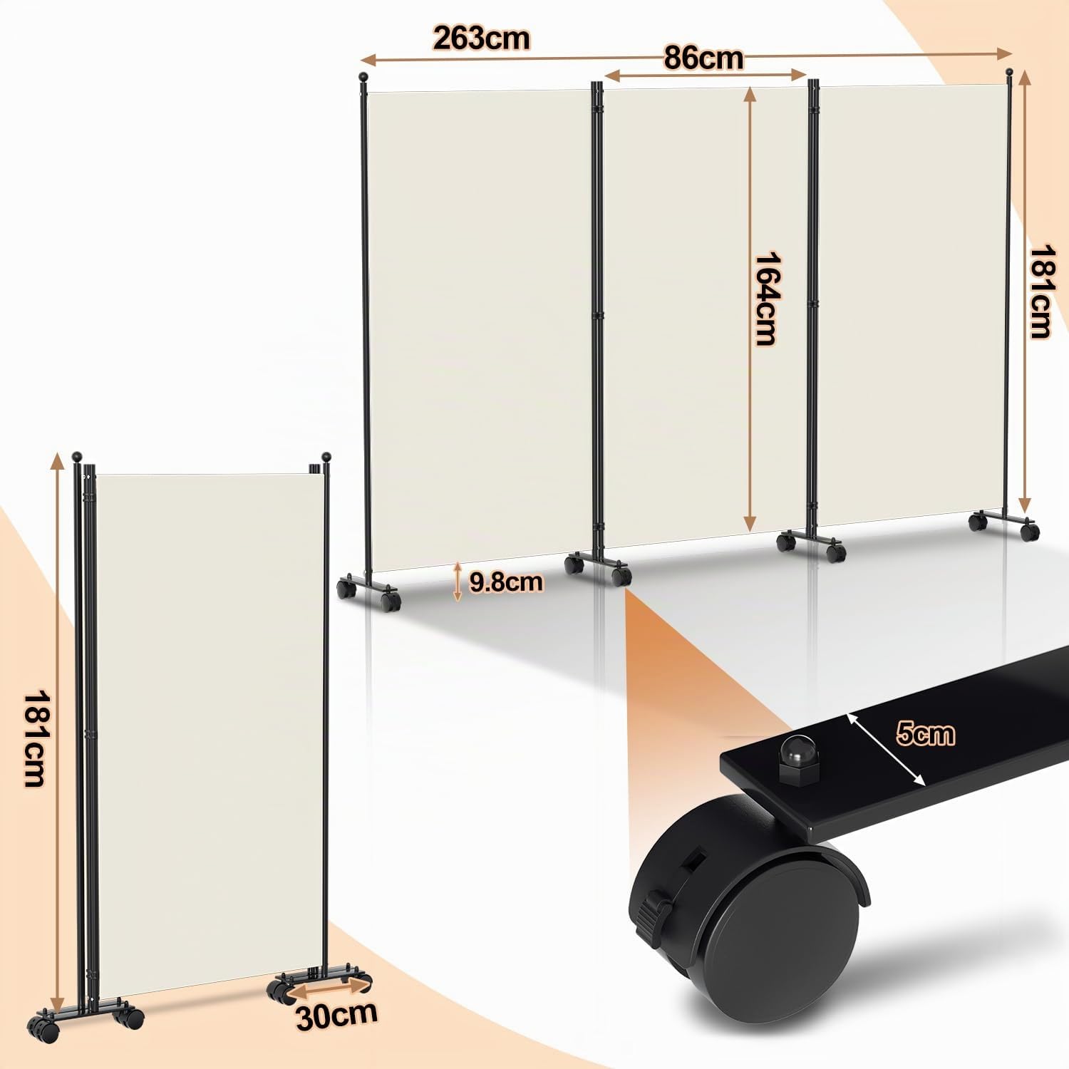 Paravent Raumteiler 263x181x30cm, 3 Teilig klappbar Freistehend Trennwand auf Rollen und Bremsen, Umkleide Sichtschutz Wand Raumtrenner, Stellwand für innen Outdoor Garten Büros Terrasse, Weiß