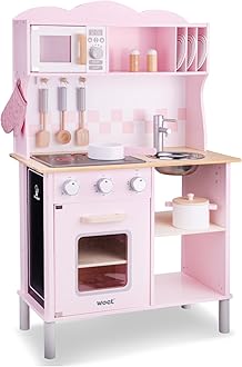New Classic Toys 11067 Wooden Pretend Toy Kitchen for Kids Included Accessoires-Comes with Electric Cooking Plate-Makes Sound, Pink