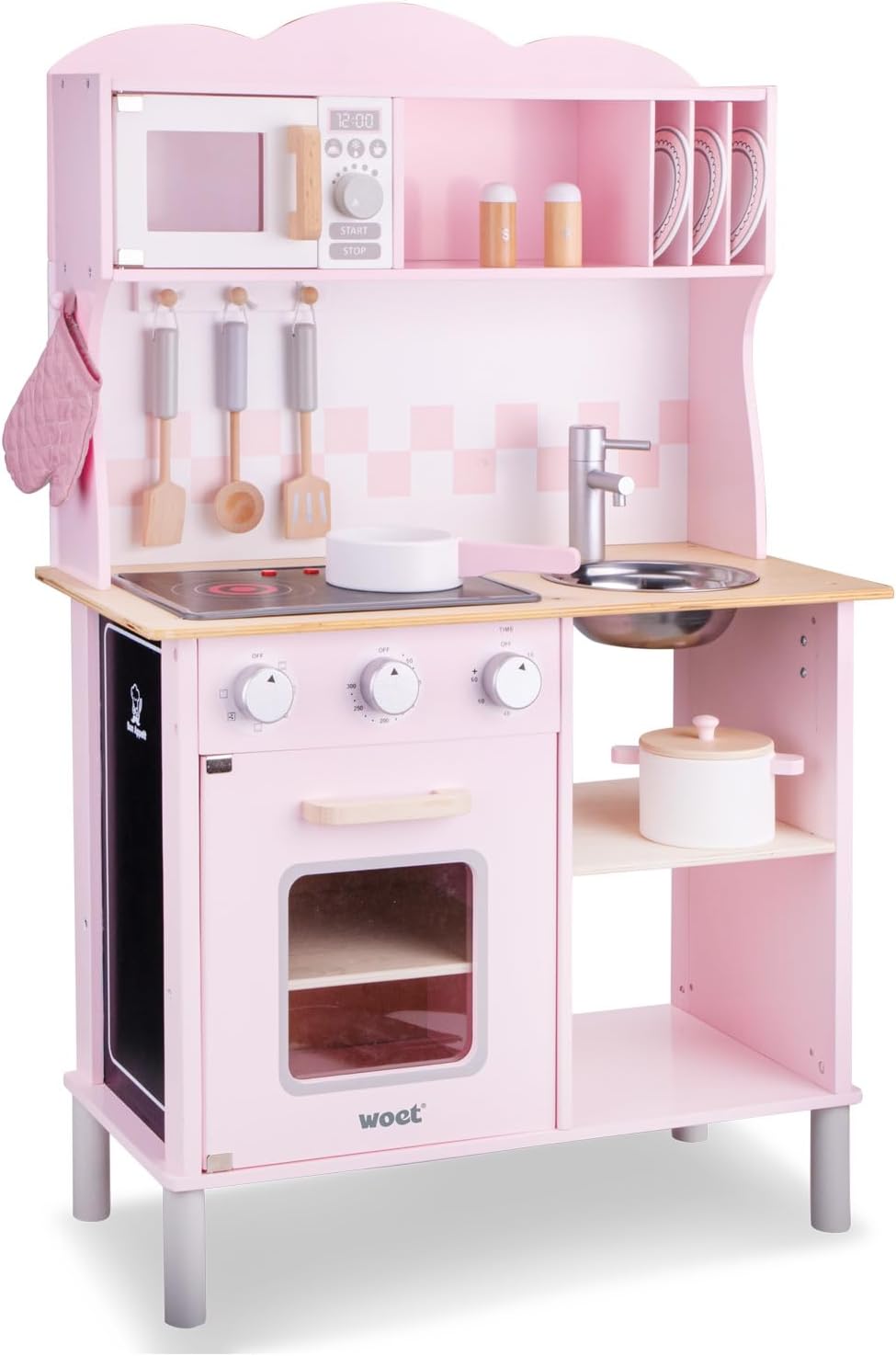 Woet® Pink Wooden Toy Kitchen for Kids - With Electric Hob, Oven and Sink - Pretend Play Kitchen Set - Age 3 Years+