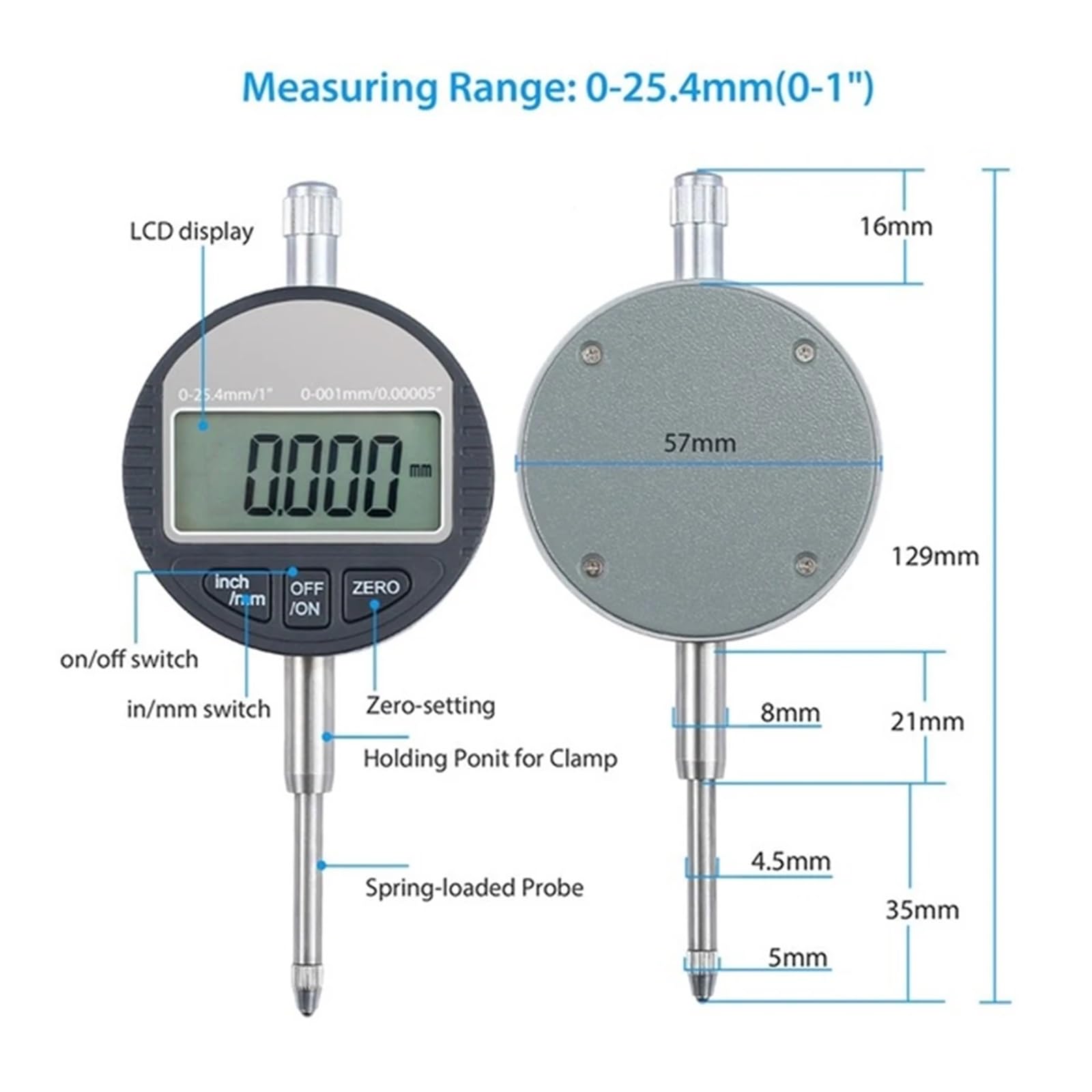 Micrómetro electrónico de 0,001 mm Indicador de cuadrante digital de 0,00005" Indicadores de prueba de 0,001 mm 0-12,7 mm/1 pulgada Indicador electrónico,Medición de precisión(0.001mm)