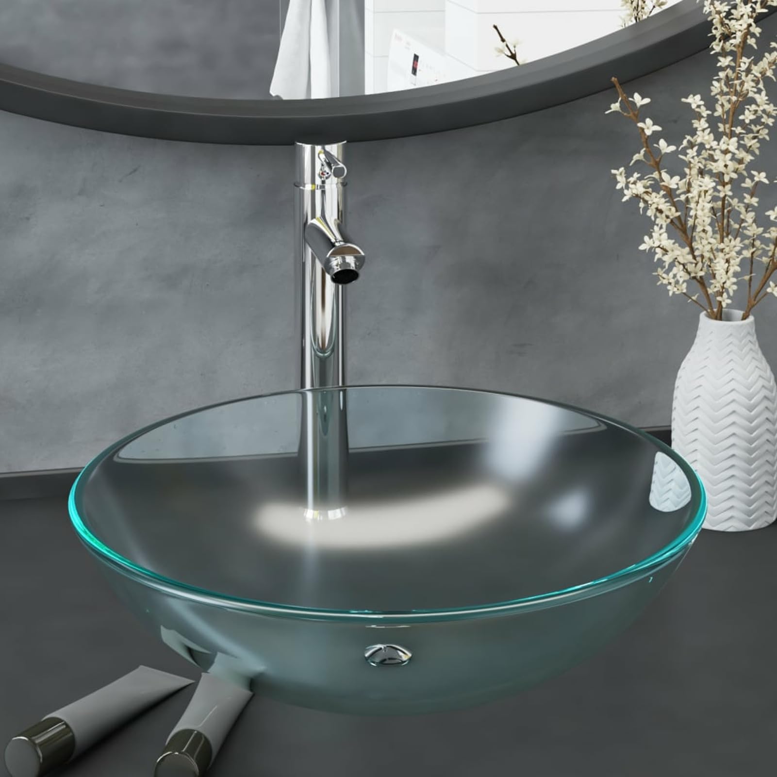 ARKEM Lavabo con Grifo y tapón pulsador Cristal Templado Esmerilado Mini Lavabos PequeñOs