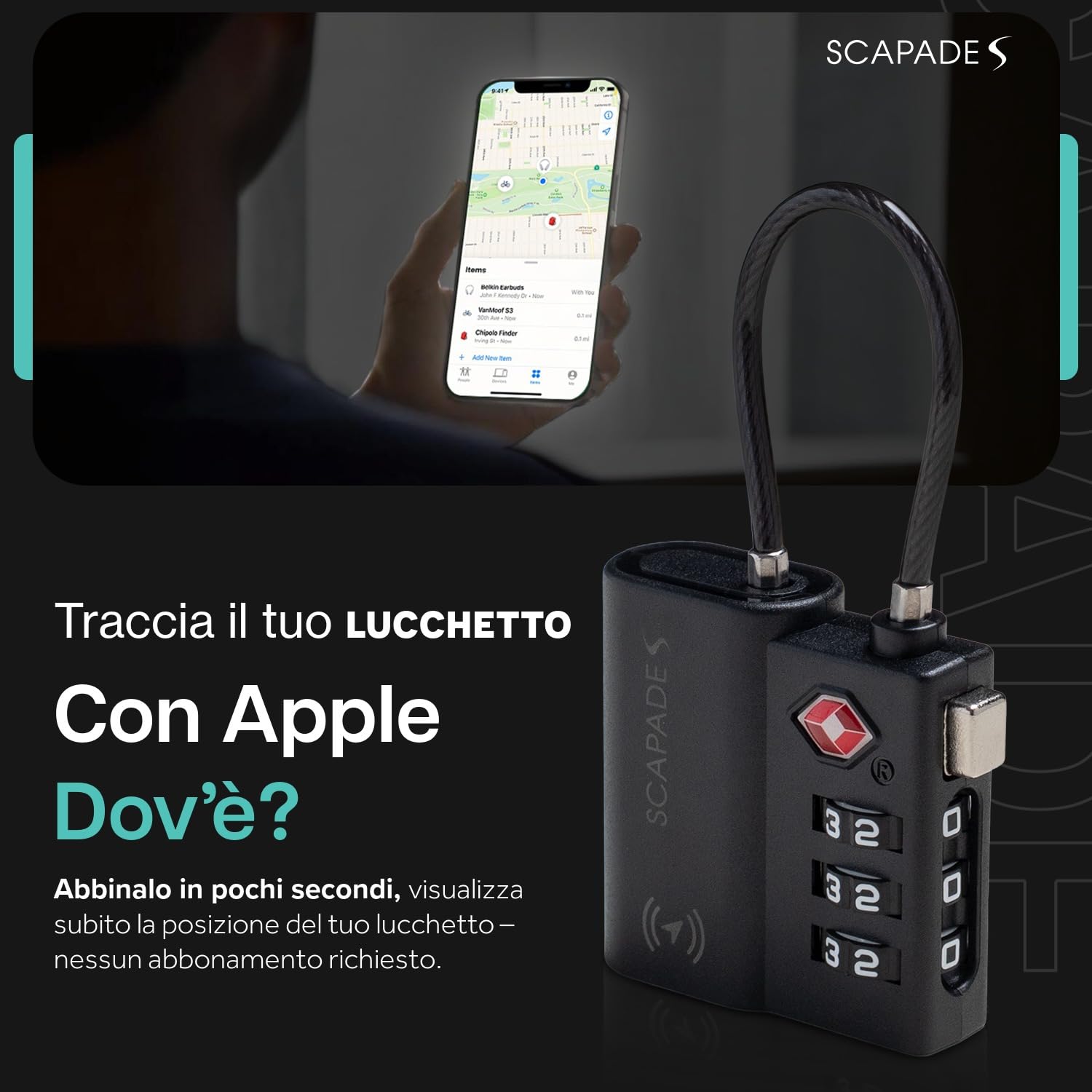 Scapade AirLock – Lucchetto intelligente per valigie approvato TSA con Apple Find My Tracking, batteria ricaricabile USB-C, lucchetto da viaggio ultra resistente per bagaglio a mano e bagaglio