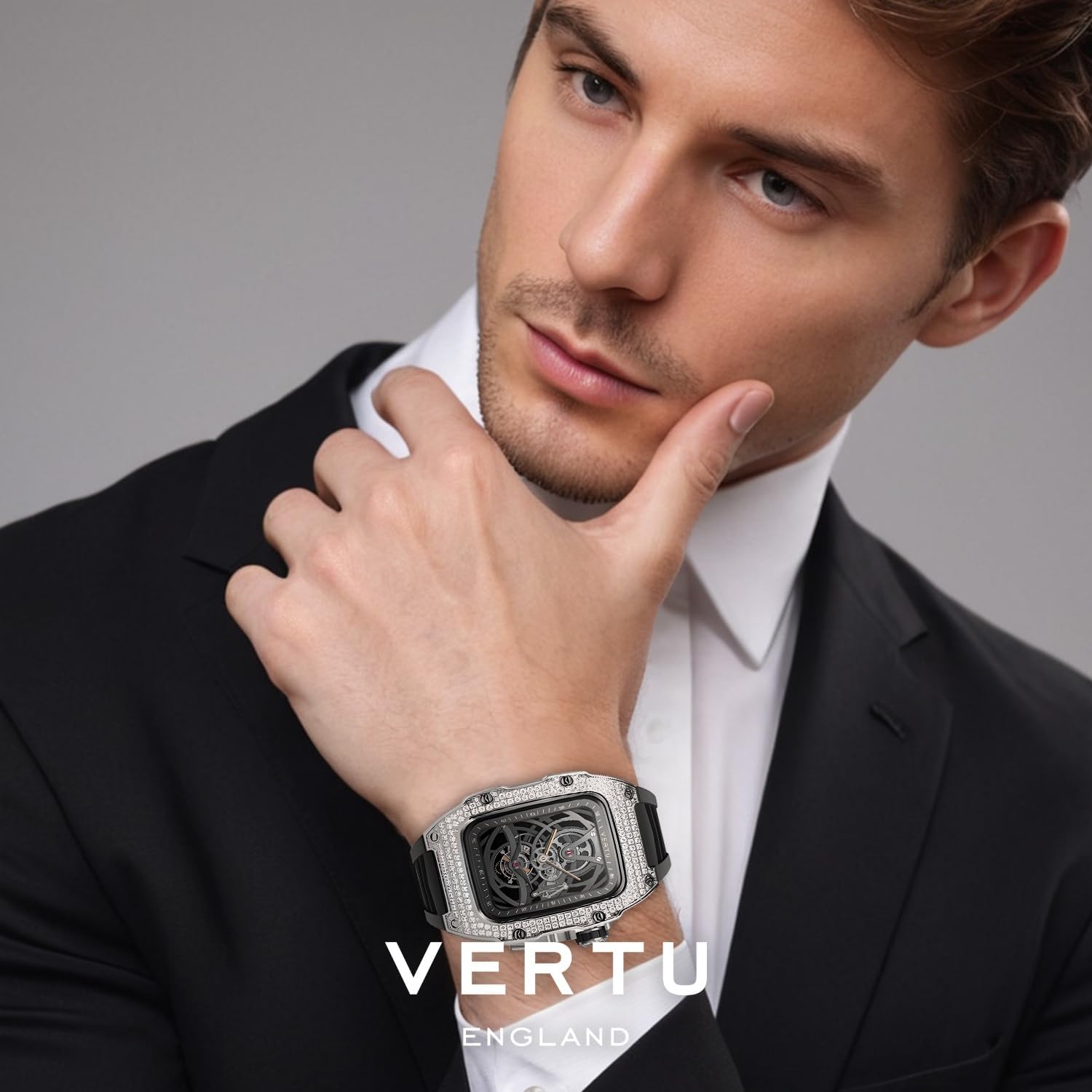 VERTU H1 Diamonds Smart Watch for Men, Mechanical Smartwatch for Android with 1.85 Sapphire Display, Answer/Make Call, Fitness Watch, Blood Oxygen, Heart Rate and 100+ Sports Modes (White/Gold)