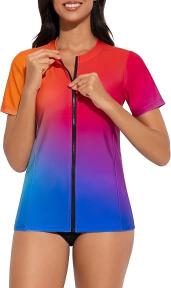 Bonneuitbebe Womens Rash Guard Short Sleeve Swim Shirts Zip Front Rashguard Swimsuit UPF 50+ Swim Tops No Bra