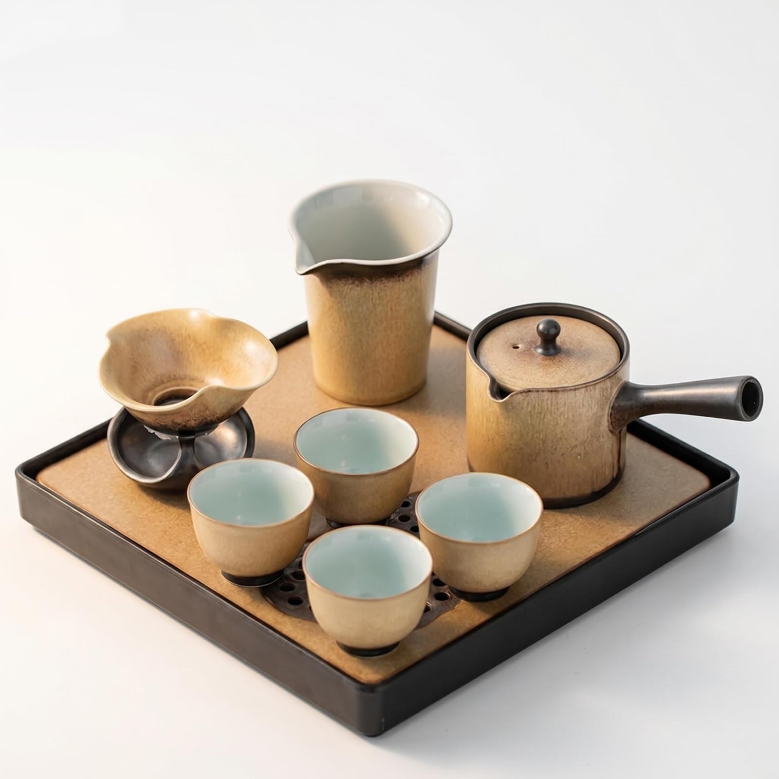 Zestaw ceremonii parzenia herbaty, rustykalny ceramiczny zestaw Kung Fu z czajnikiem, kubkiem Fair, sitkiem i filiżankami, kompletny zestaw do herbaty 150 ml z tacą do użytku domowego