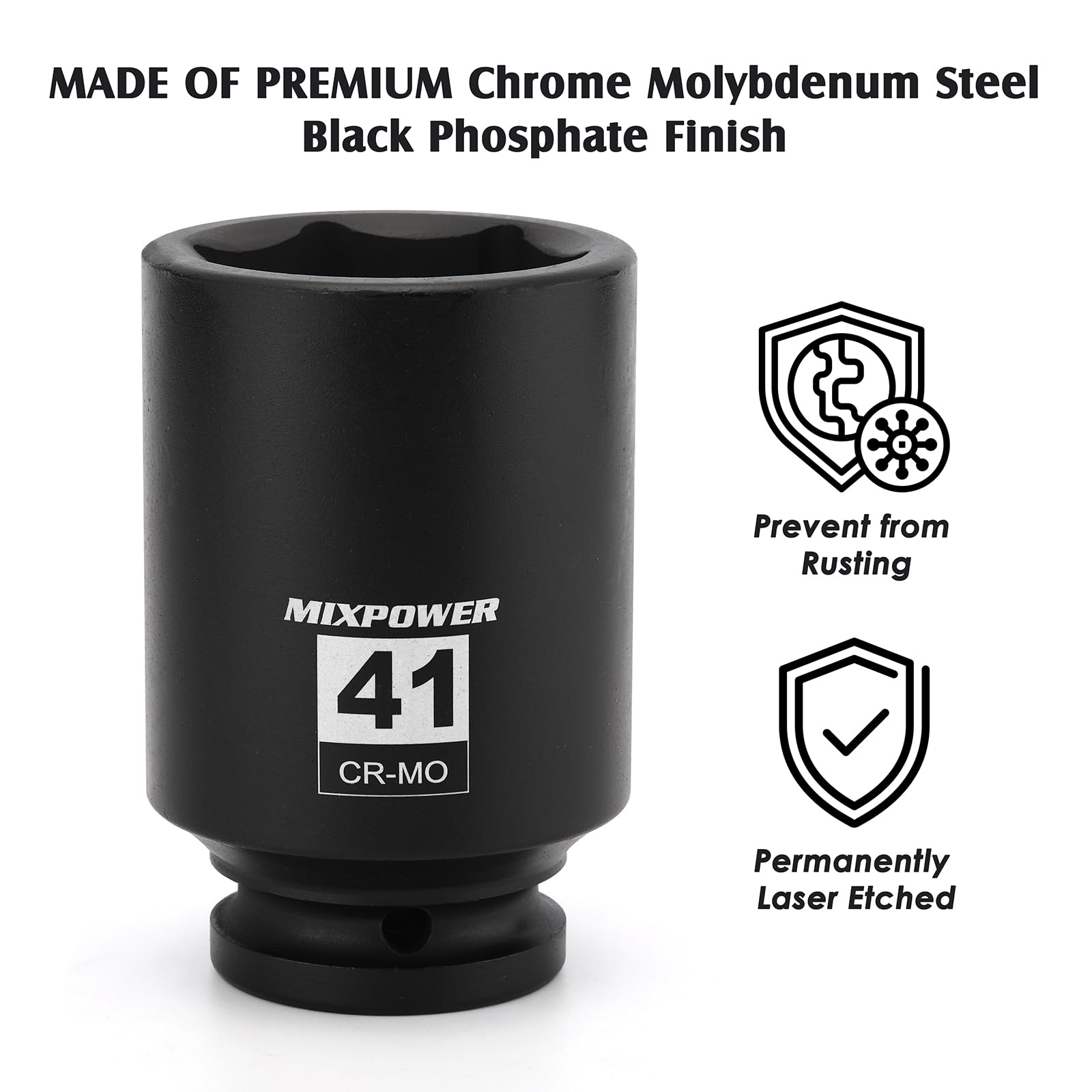 MIXPOWER 3/4" Drive Deep Impact Socket, CR-MO, 41mm, Metric, 6 Point, Axle Nut Impact Grade Socket for Easy Removal - Image 3