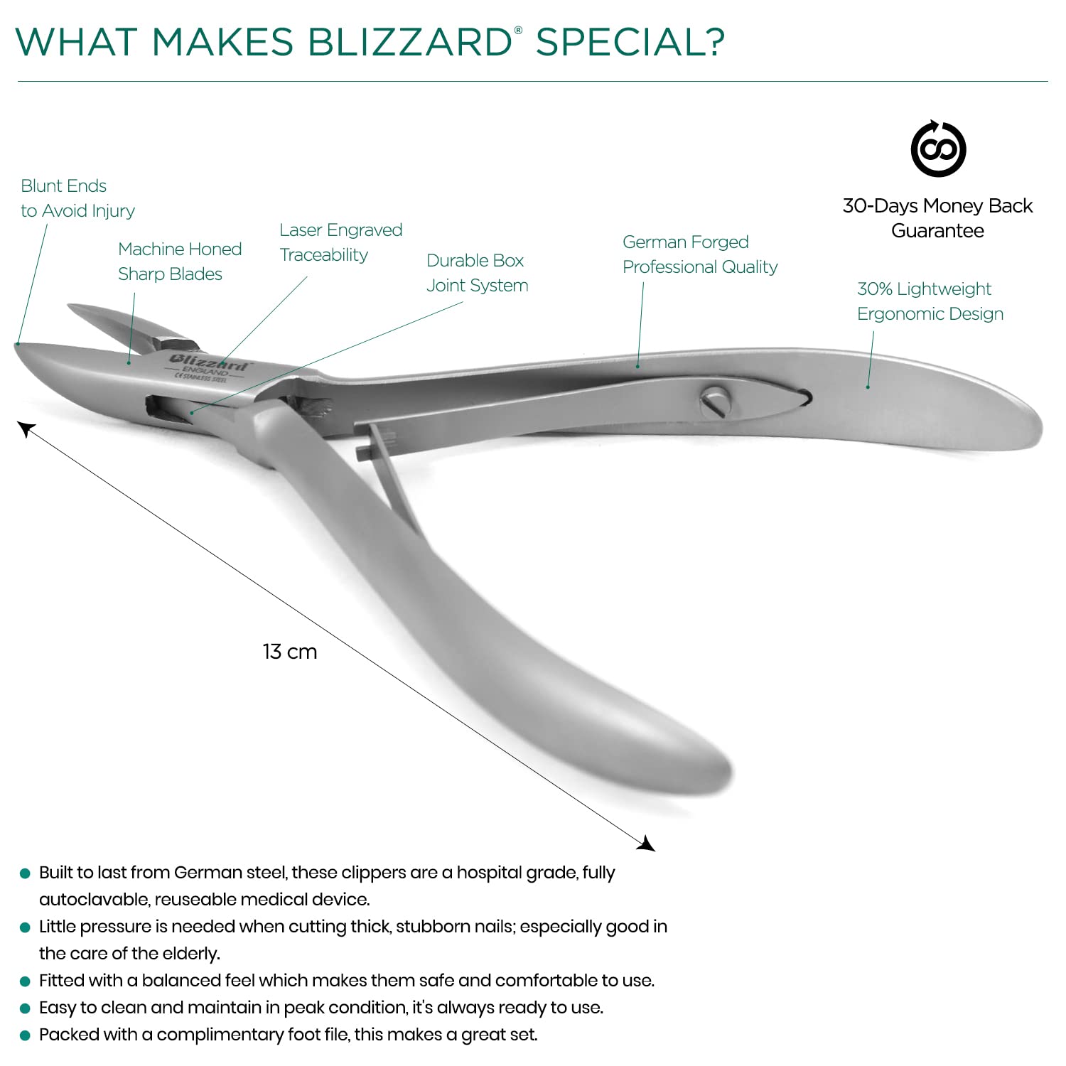 Blizzard Tagliaunghie Professionale - Tronchese per Unghie dei Piedi per Pazienti Diabetici - Taglio Retto - CE strumento chirurgico per Podologi - Fabbricato in acciaio inossidabile Tedesco 13 cm