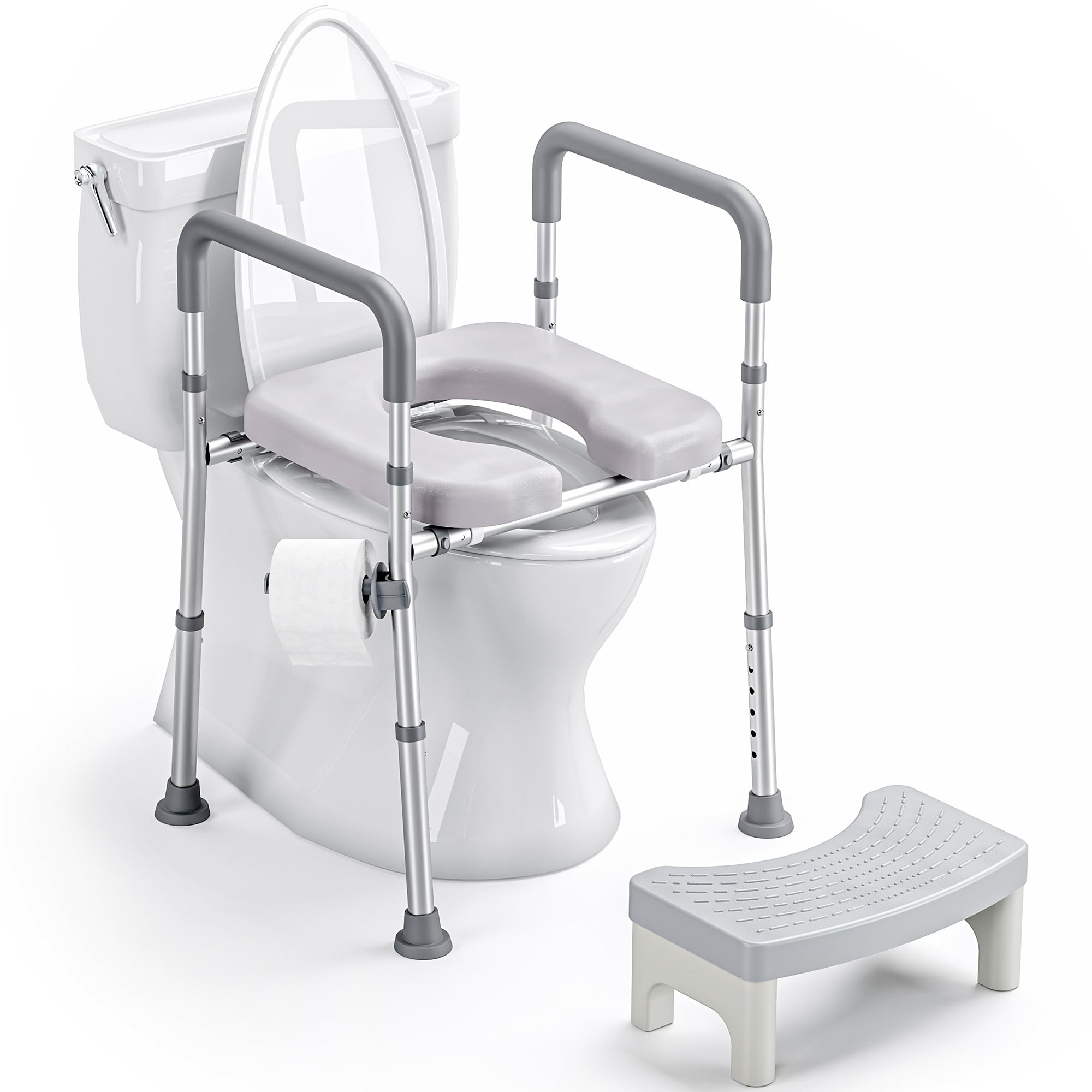 Rialzo per Sedile WC per Anziani Aenza Agabello, Regolabile in Altezza e Larghezza, Telaio di Sicurezza per WC con Braccioli, Sedile Rialzato con Imbottitura Rimovibile (Argento)