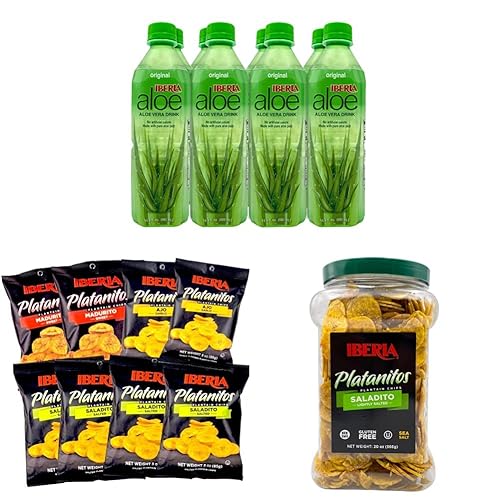 Iberia Bebida de jugo de aloe vera con pulpa de aloe pura, original, 16.9 onzas líquidas (paquete de 8) + chips de plátano Iberia variedad, (paquete