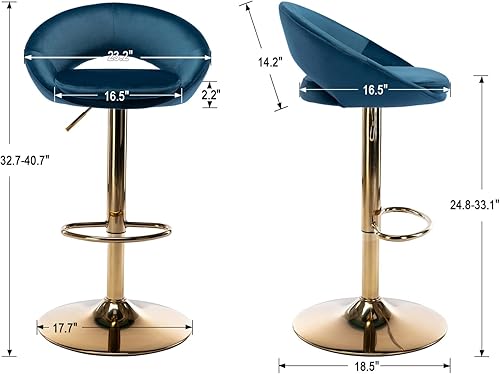 Miniatura 2 de Juego de 2 taburetes de bar giratorios de terciopelo con respaldo abierto, altura de barra ajustable tapizada, taburetes de bar modernos de altura