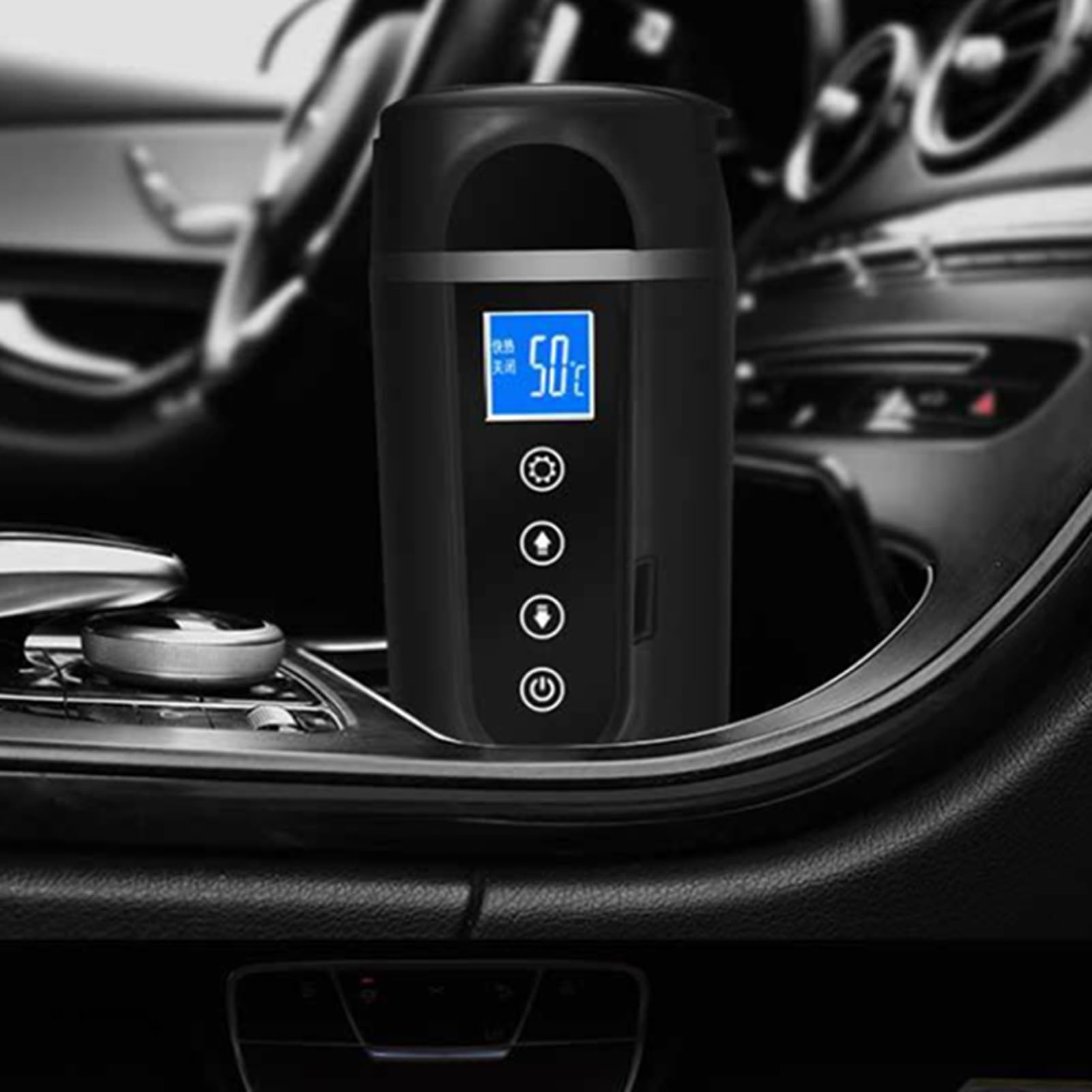 Yctze Kubek do Podgrzewania Samochodu - Kubek na wodę ze Stali Nierdzewnej 500 Ml z Inteligentnym Wyświetlaczem Temperatury LCD, Szybkie Nagrzewanie 12 V/24 V ze szczoteczką - Akcesoria Samochodowe