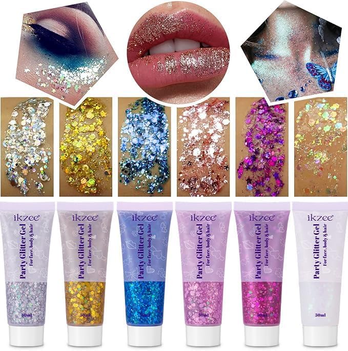 6PCS Body Glitter Gel Körperglitzer-Gel 50ml Hair Face Shimmer Liquid Glitter Kits flüssiger Lidschatten Holografisches Haar-Glitzer für Körper Augen Haare Nägel Body Glitzer für Make-up