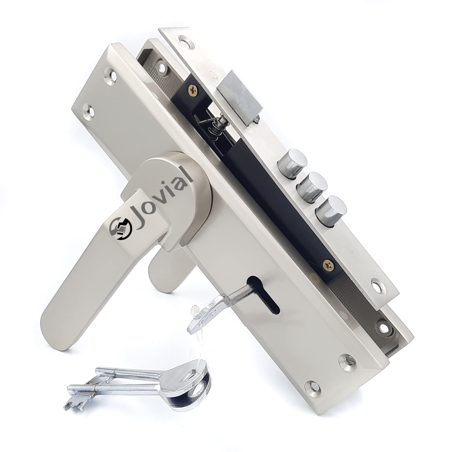 Jovial 8" Plate Mortise Door Lock Handle Set/Mortise Lock with Brass Lock Body and 3 Pcs Keys/Zinc Alloy Weather Proof (Silver Satin Finish, KY-45)