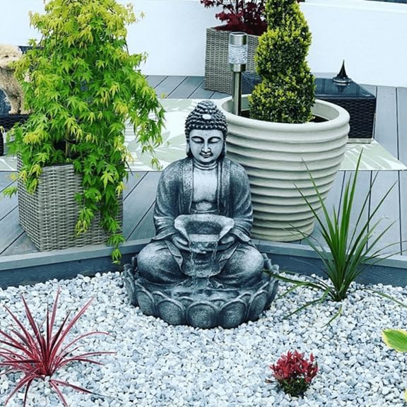 Art Mania Big Lotus Buddha Statue Decorative Water Fountains Large Buddha on a Lotus Flower Water Waterfall for Farmhouse Decor Garden Patio Deck Porch with LED Lights Water Pump 3 ft (Grey)-image-23