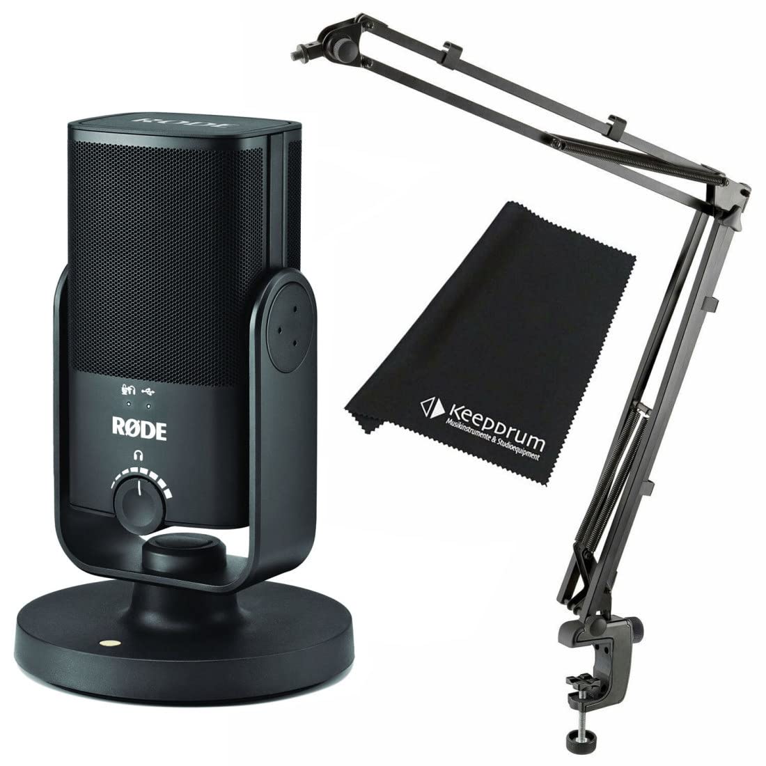 Rode NT-USB-Mini USB-Kondensatormikrofon Set + K&M 23840 Studio-Gelenkarm + keepdrum Mikrofasertuch