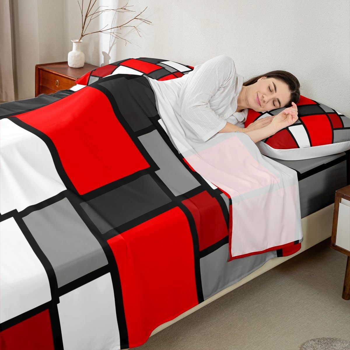 Erosebridal Geometric Sheet Set for Boys, Rectangle Fitted Sheet King Size, Red Grey White Bed Sheets Abstract Art Microfiber Flat Sheet for Kids Teens Adult Women Bedroom Decor