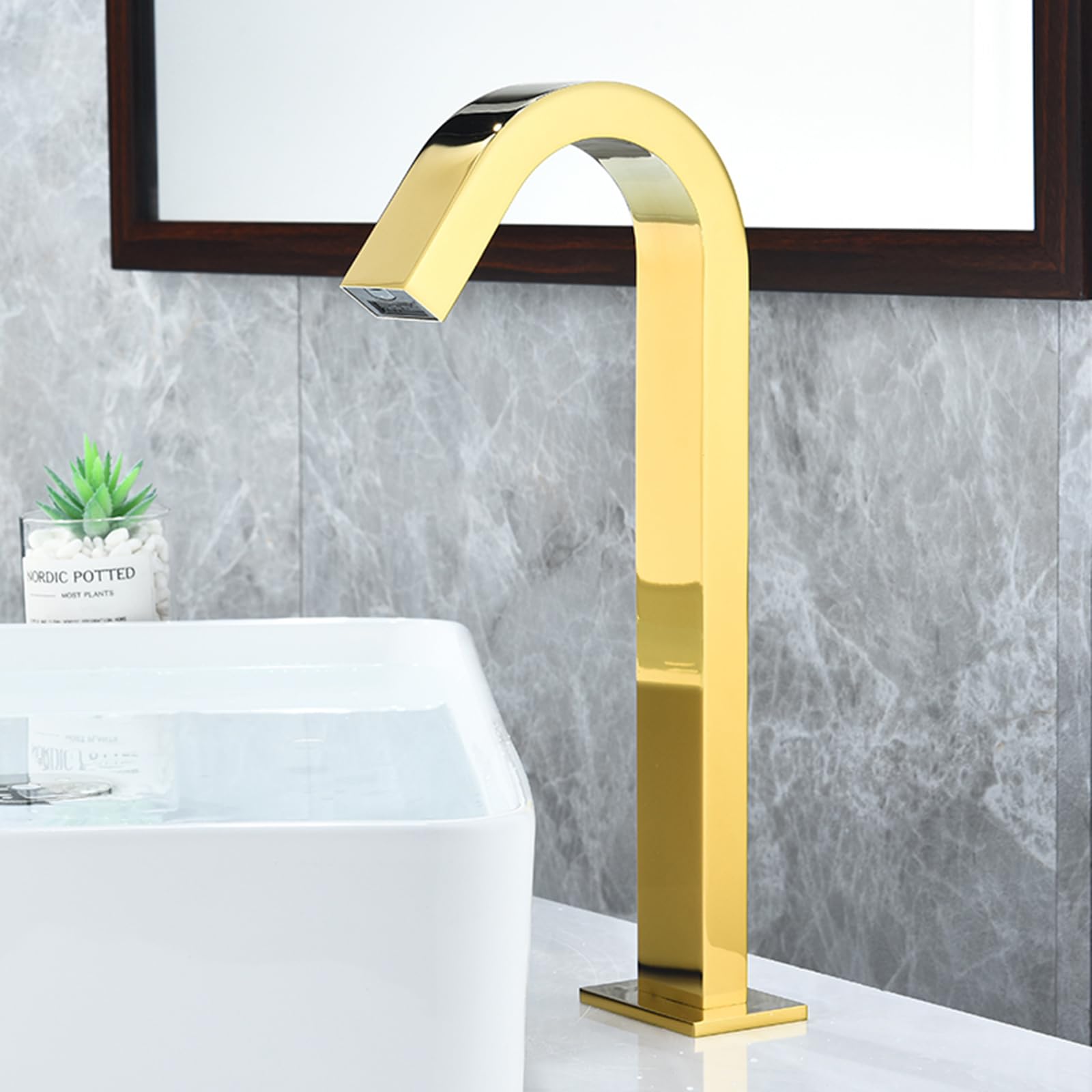 ZYCHSJXA Touchless Basin Tap Spout Gooseneck Mixer Taps Smart Infrared Induction Faucet Sensor Hot and Cold Not Adjustable,Gold,High