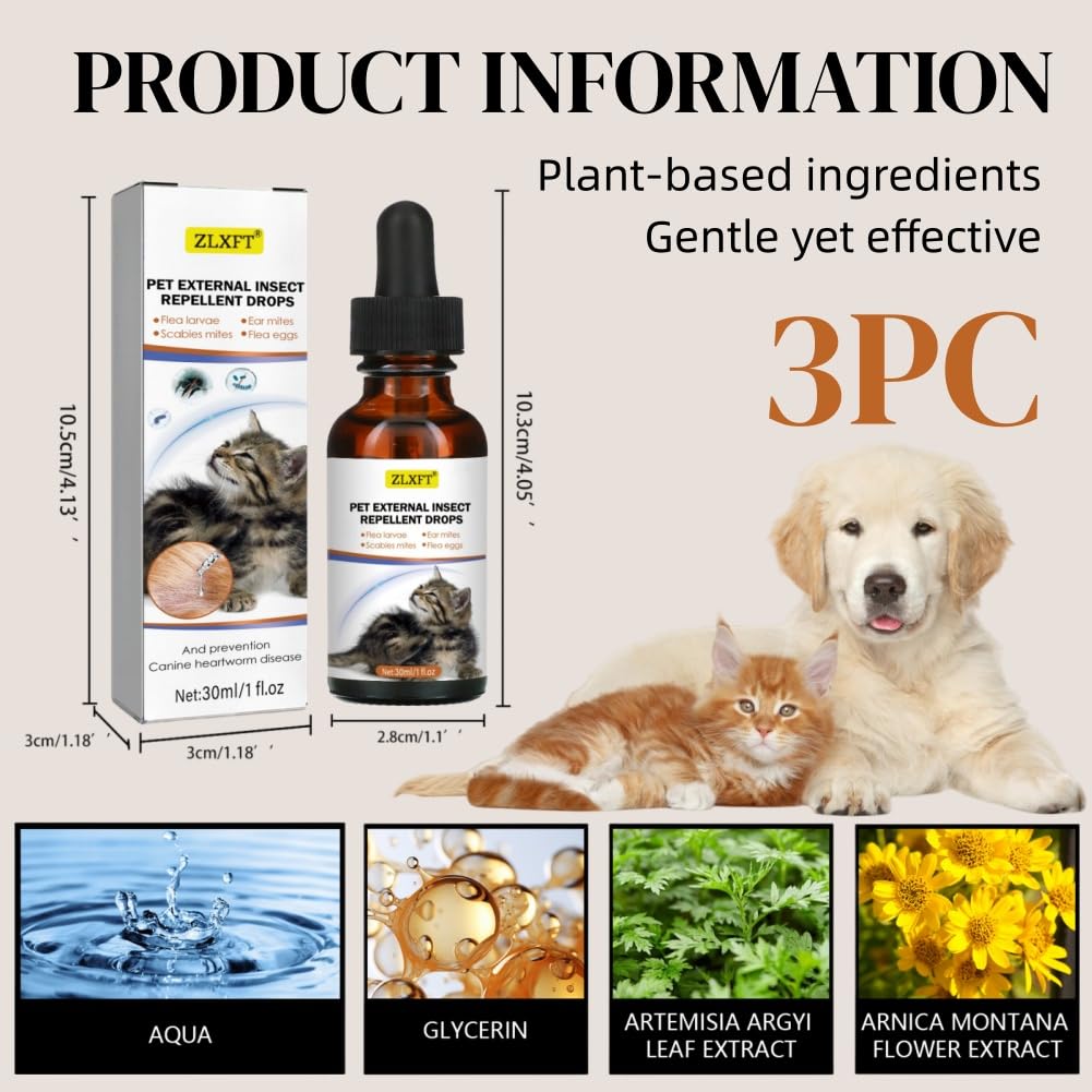 Gotas para Perros y Gatos,3pcs Antiparasitario para Perros y Gatos,Pipetas Antiparasitarias Perross,Spray para Aliviar La Picazón y Puntos Calientes,On Proteccin contra Las Garrapatas