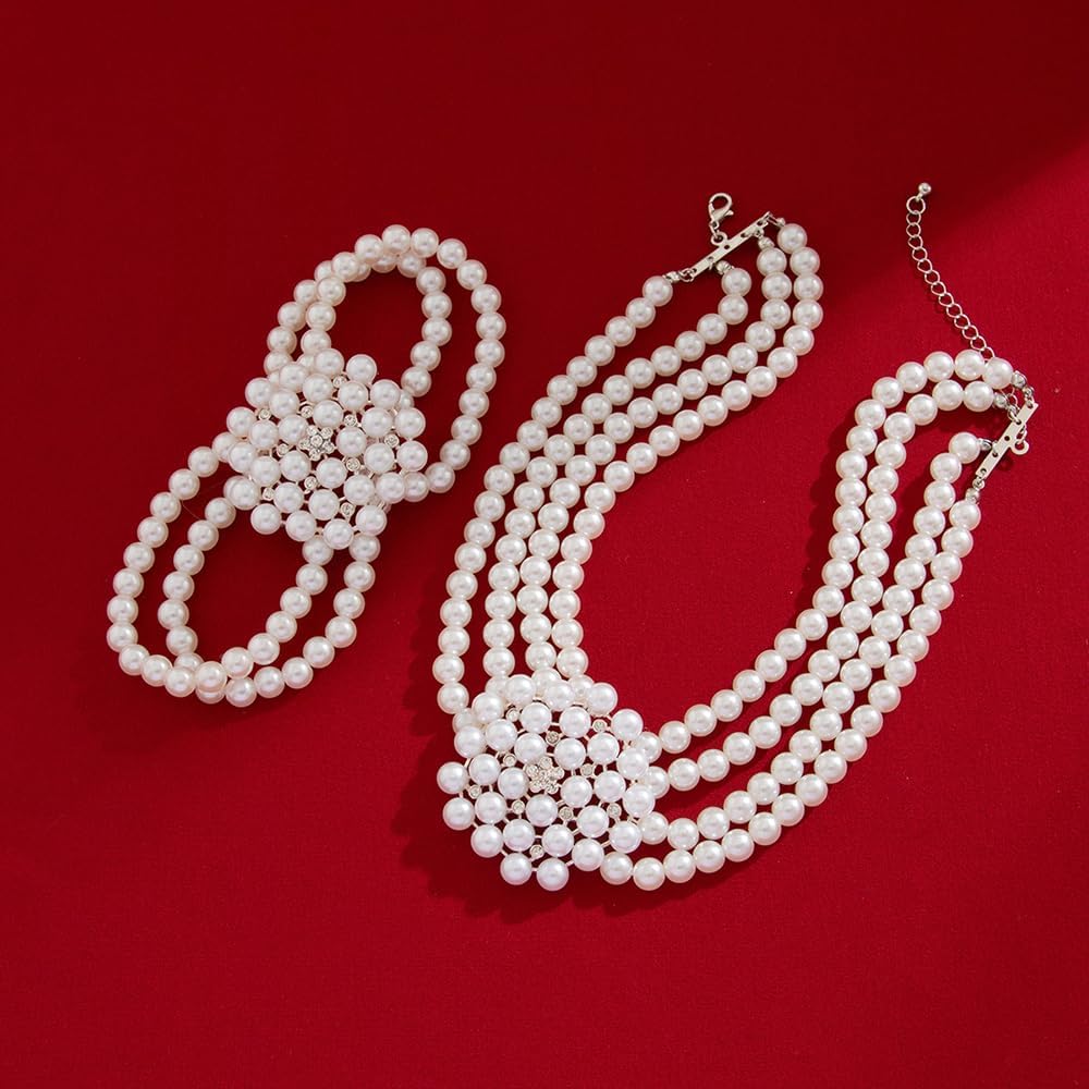 Octwine Boho Sparkling Silver Women's 1920s Pearls Rhinestones Necklace Bracelet Set for Wedding, Prom, Party & Daily Wear - Image 2