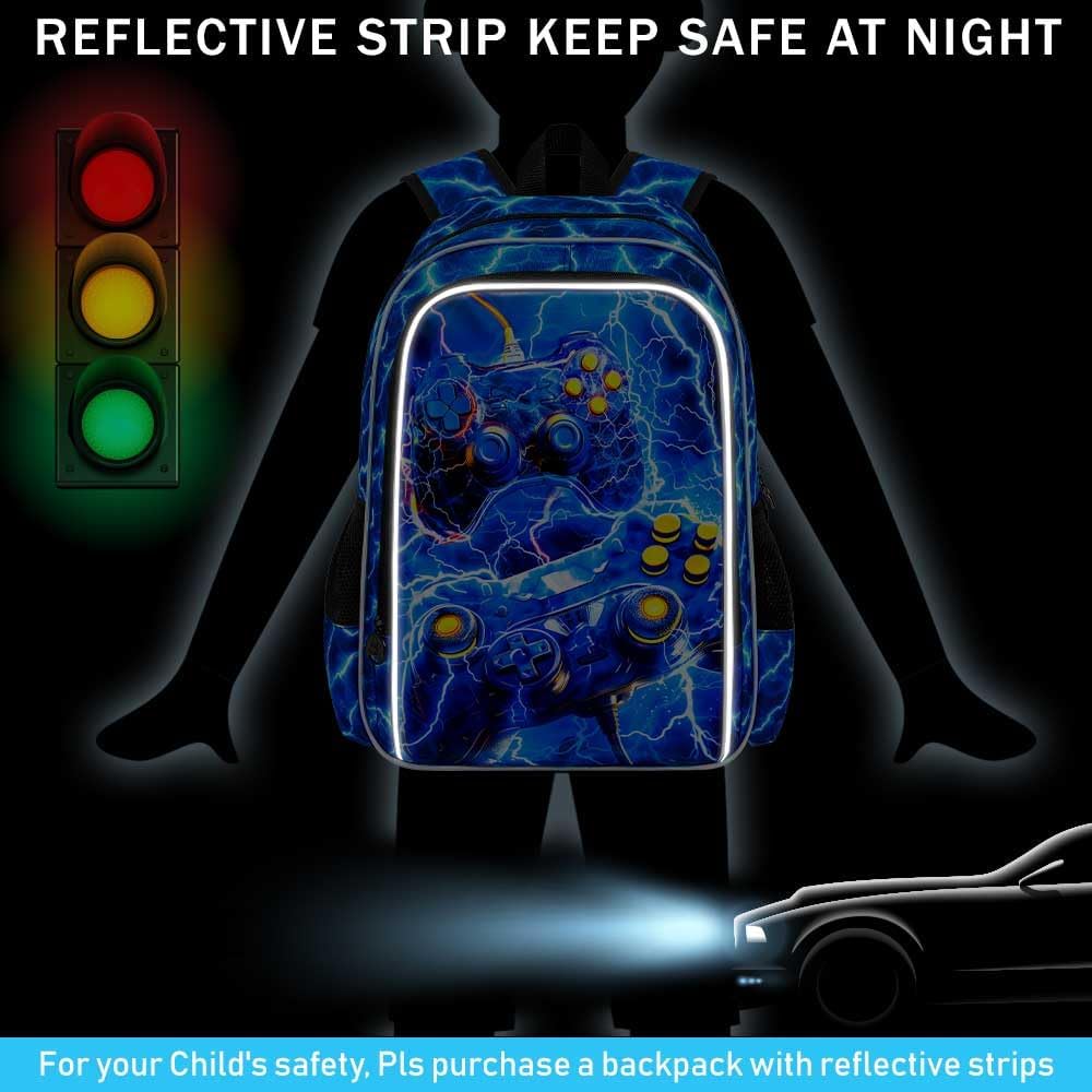 17" Gamer Backpack, Boys Lightning Kids Bookbag with Lunch Box, 3Pcs School Backpacks for Elementary Preschool Kindergarten (Blue) - Image 3