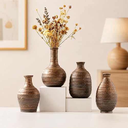 Rustic Brown Textured Ceramic Vases Set of 4, Small Handmade Pottery Bud Vases for Dried Flowers, Farmhouse Wabi-Sabi Decorative Vases for Table Shelf Living Room Home Decor, Brown