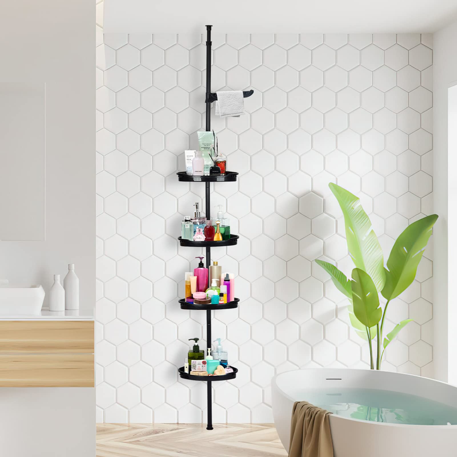 LinTimes Corner Shower Caddy Tension Pole -4-Tier Rustproof Standing Bathroom Shower Organizer Shelves with Quick Install for Bathtub
