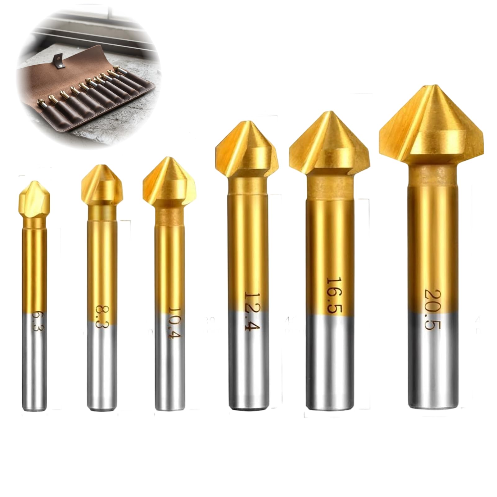 6 Pièces Fraise à Chanfreiner 90° HSS Titane Conique Cylindrique, Jeu de Fraises à Chanfreiner pour Métal et Matériaux Non Métalliques, Ø 6,3-20,5 mm