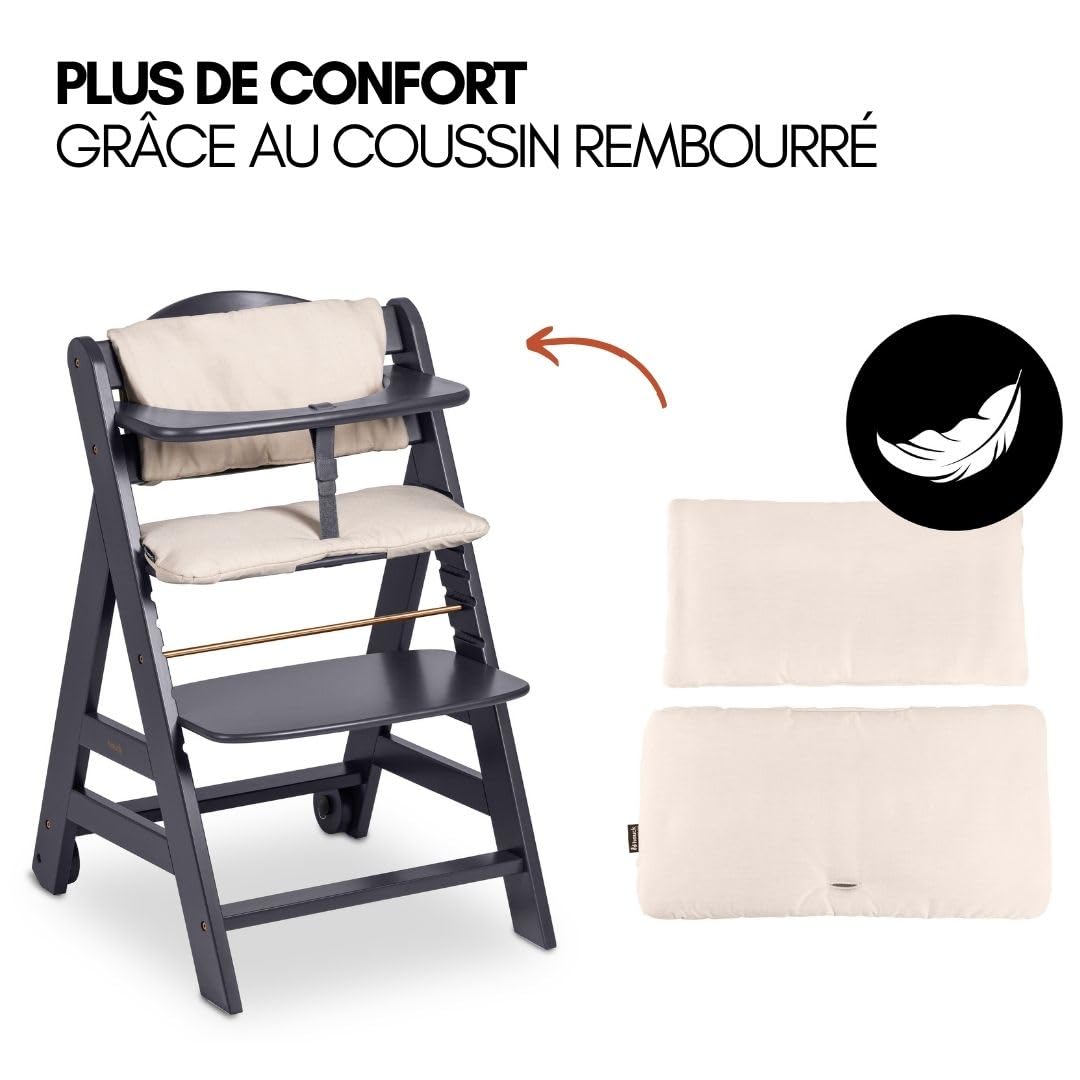 hauck Chaise Haute Bébé Beta+ avec Siège Nouveau-né Deluxe - Dark Grey | Chaise haute évolutive en bois, de la naissance à 90 kg, inclus assise avec arche éveil bébé, roues, plateau repas, coussin