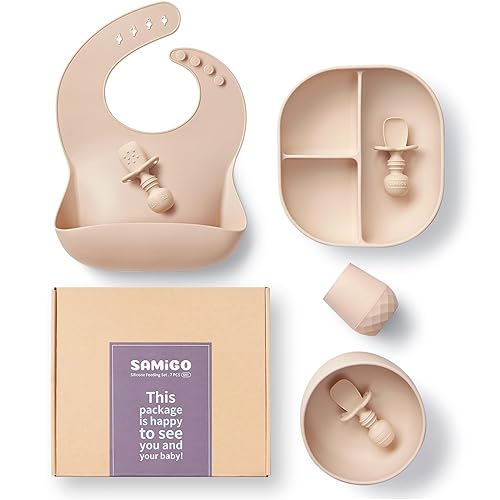 Juego de alimentación de silicona para bebés, suministros de destete para bebés, placa de succión, cuenco, cucharas, babero de comida, taza,