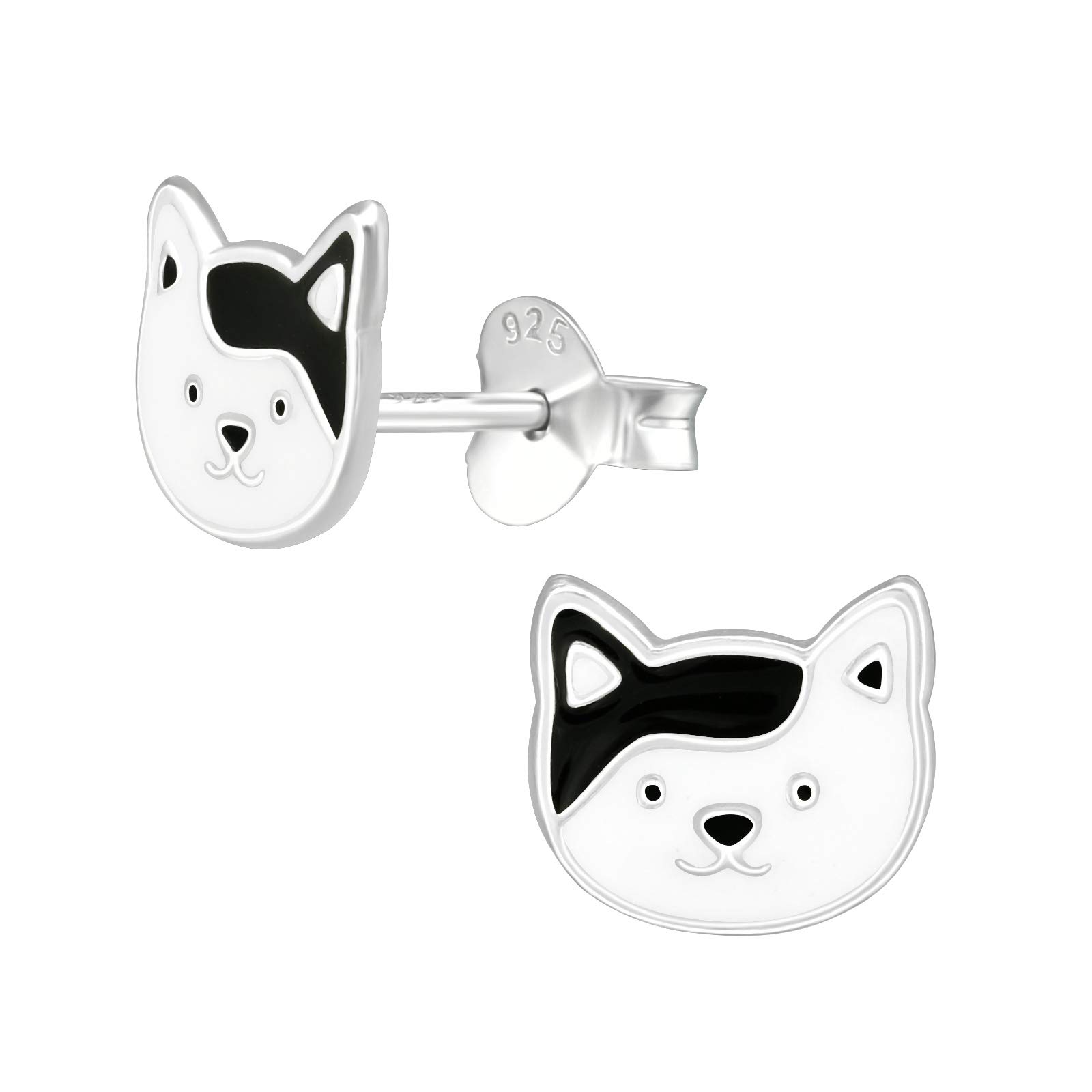 Laimons Pendientes infantiles para niñas, joyas para niños, diseño de gato, color blanco y negro, 8 mm, de plata de ley 925