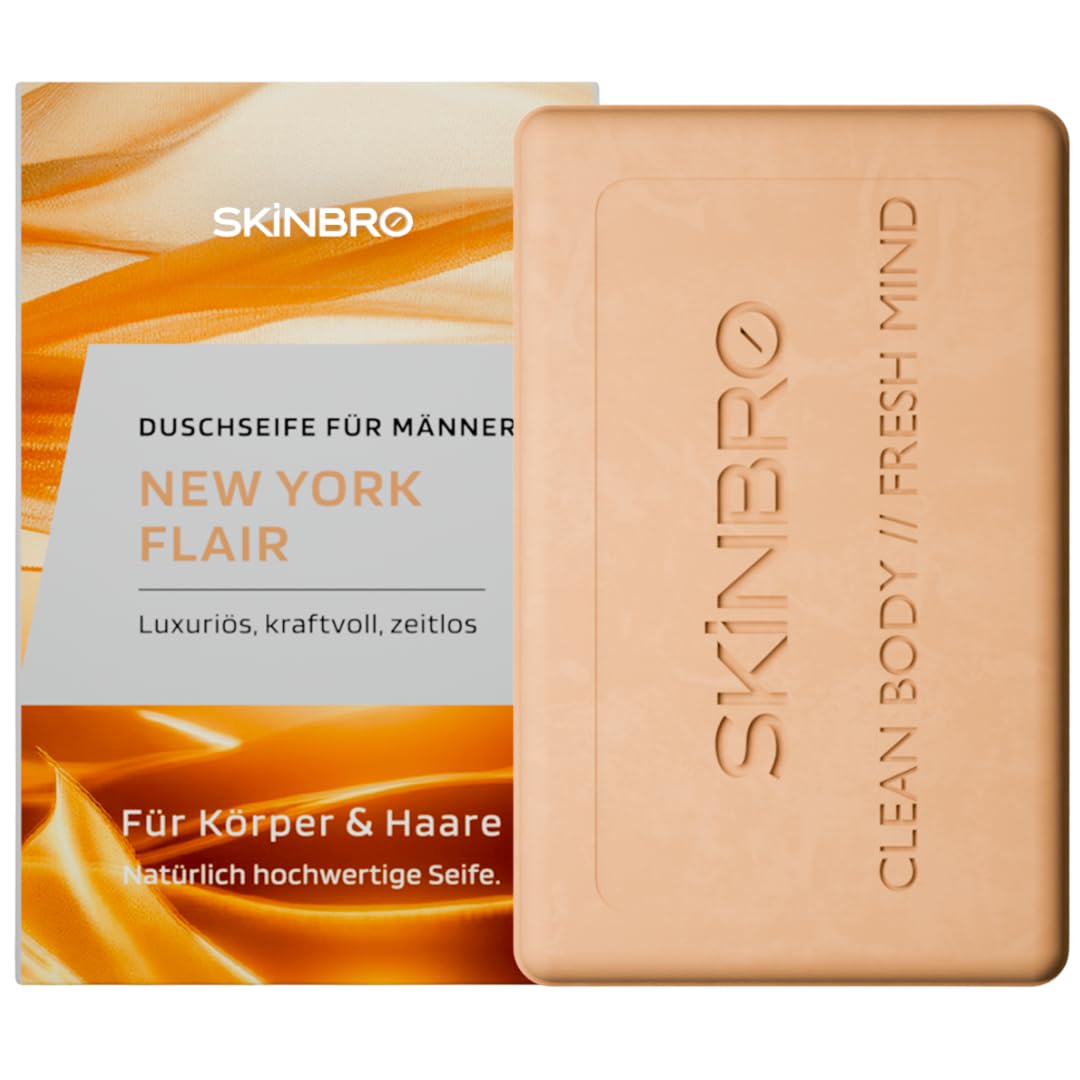 SKINBRO Festes Duschgel Männer New York Flair - Duschseife Männer Luxuriös & Kraftvoll - Made in Germany, Shampoo Herren Vegan & Nachhaltig- Silikonfrei, Seife Stück, feste Seife, Naturseife 100g