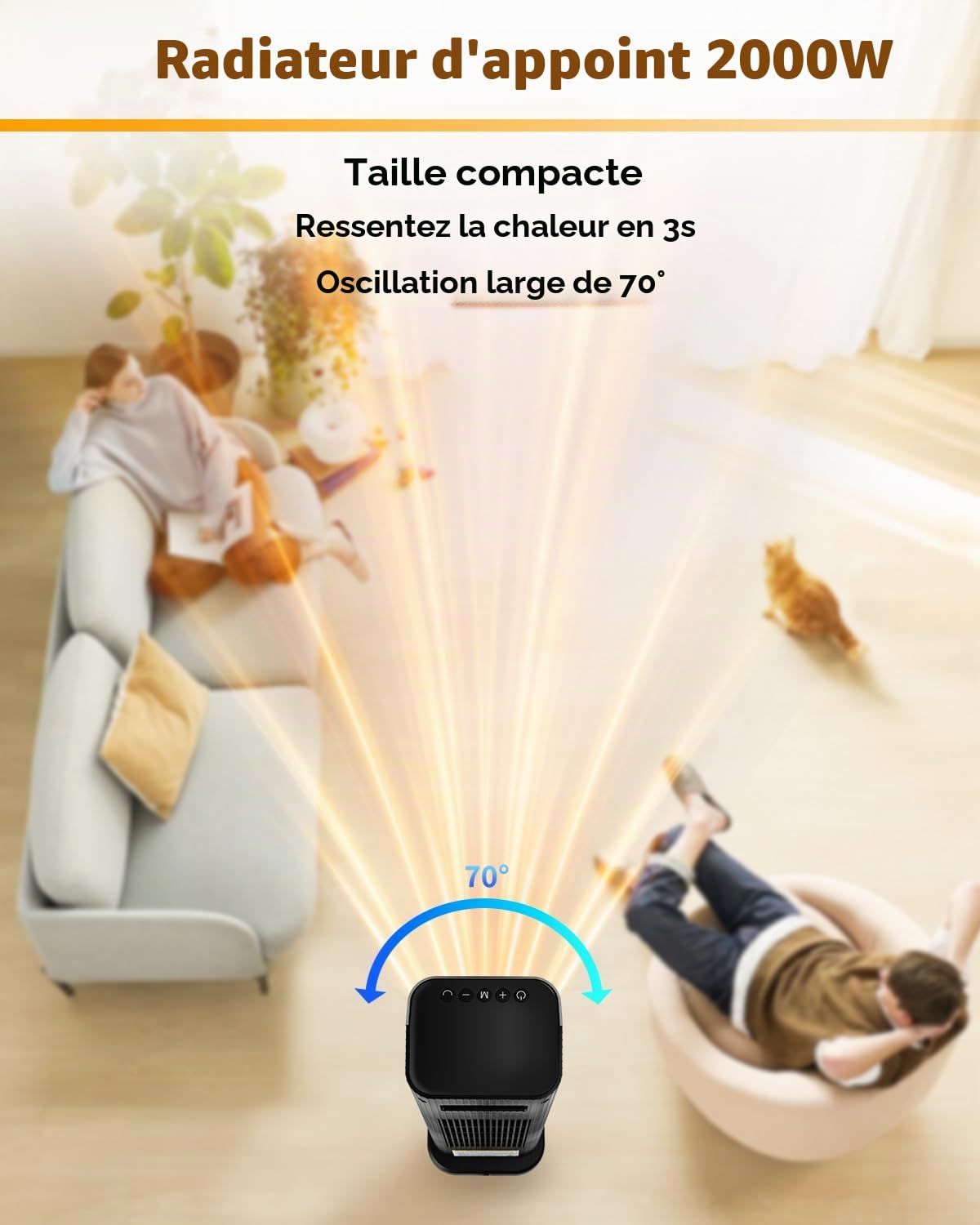 Sendowtek Chauffage Céramique 2000W, Oscillation 70°, Thermostat