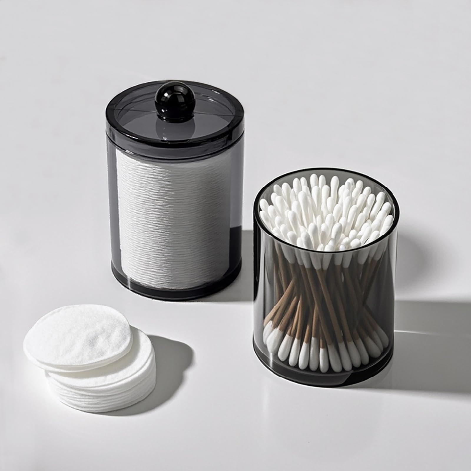 Qtip-Spender-Set aus schwarzem Kunststoff, für Badezimmer, Waschtisch und Aufbewahrung, Organisation für Wattebälle, Wattestäbchen, Wattestäbchen, Zahnseide-Picker, Haarspangen, 2 Stück