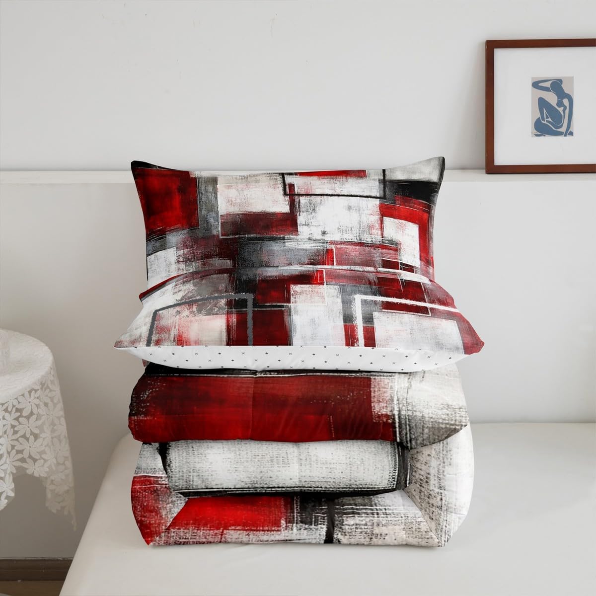 Feelyou Red Comforter Set Twin Size Abstract Comforter for Kids Teens Adults Bedding Set Geometric Duvet Set Room Decor 2Pcs with 1 Pillow Case