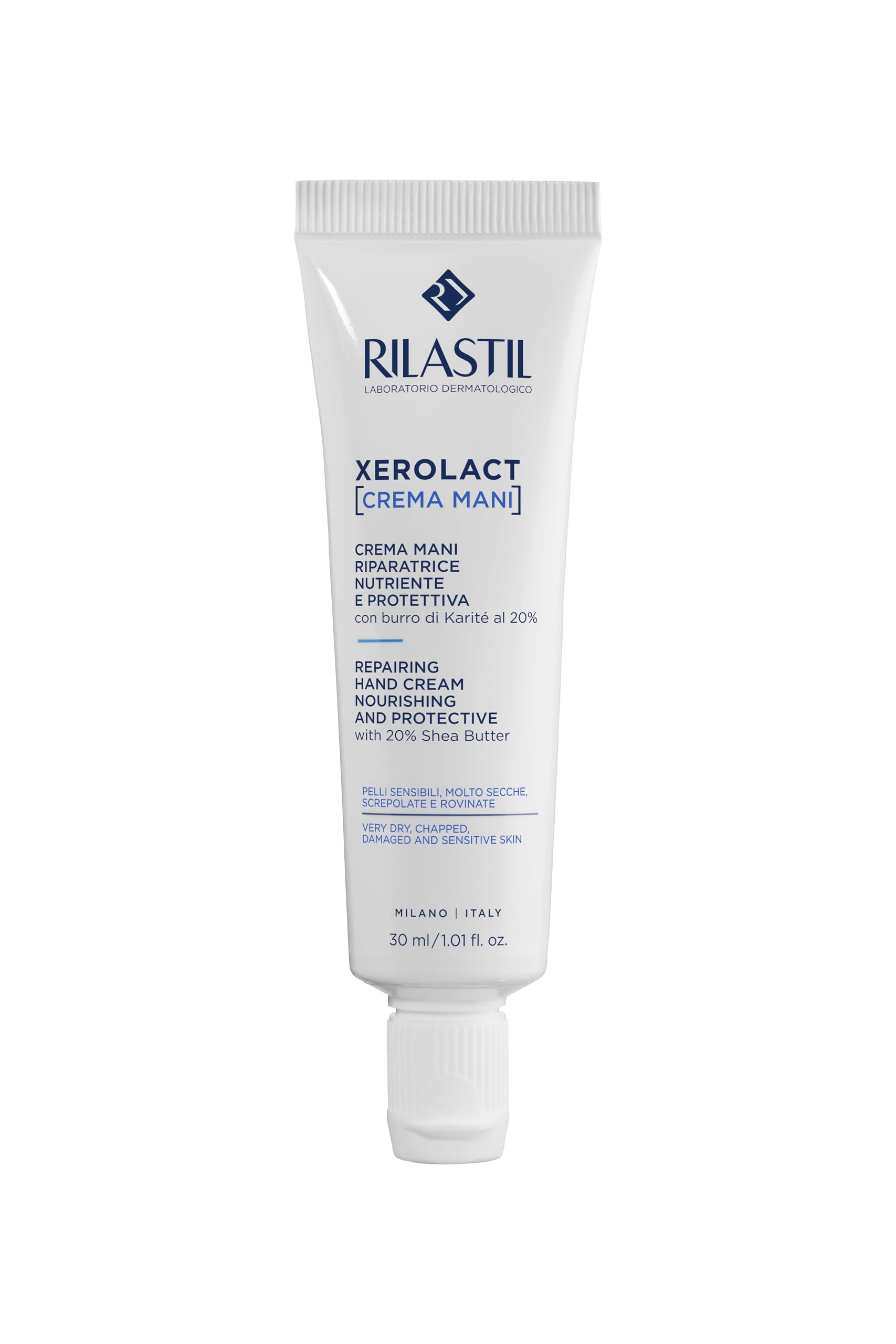 Rilastil Xerolact Handcreme, feuchtigkeitsspendend und reparierend, mit optimaler Absorption, für sehr trockene, rissige und geschädigte Hände, für empfindliche Haut, mit Sheabutter, hypoallergen