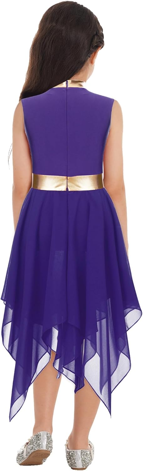 Kids Girls Metallic Chiffon Praise Dance Dresses Mock Neck Church Worship Dance Tunic Costumes