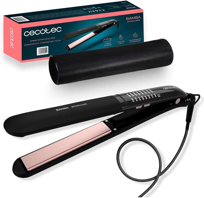 Cecotec Plancha de Pelo Bamba RitualCare 1200 Titanium Ion Touch. 60 W, Revestimiento de Titanio, Selector Táctil y con Ion Real, Calentamiento Rápido, Placas Flotantes, Temperatura Regulable