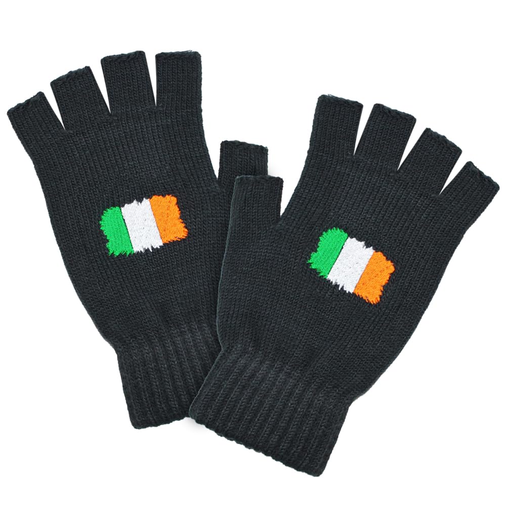 Teddyt's Men's Dark Grey Irish Flag Warm Thermal Knit Embroidered Grey Fingerless Winter Gloves