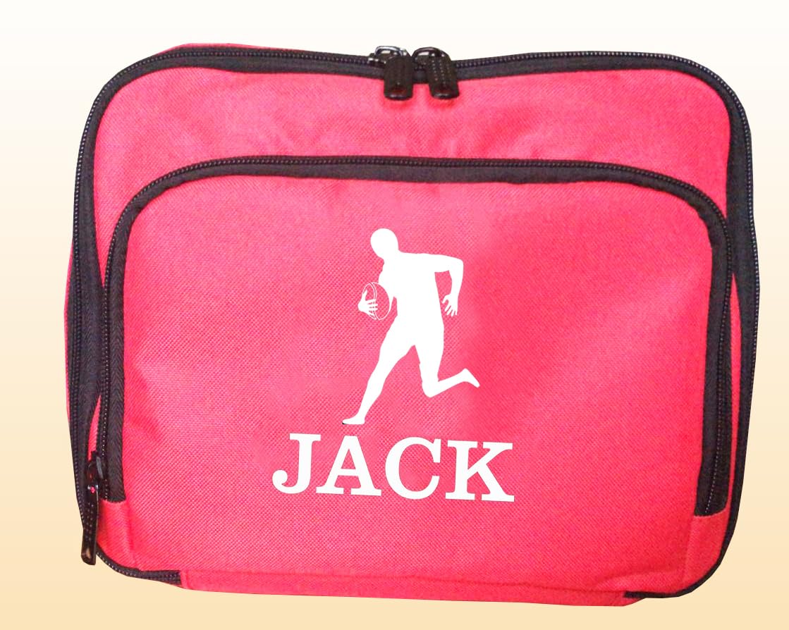 PROSTYLE SPORTS Personalised Lunch Bag Childrens School Insulated Snack Box for Kids Boys and Girls (Red (Rugbyball Player))