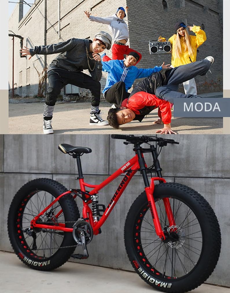 26"Bicicletas de Montaña para Adultos,21 Velocidades, Fat Tire ,Marco de Acero de Alto Carbono Doble Suspensión Completa Doble Freno de Disco (Cian)